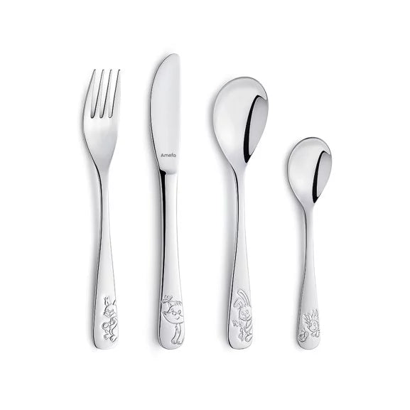 Coffret 4 couverts en inox brillant pour enfants - Thème Forest