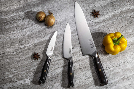 Coffret 3 couteaux de cuisine japonais (chef 21 cm, office 9 cm, universel 15 cm) manche Ébène