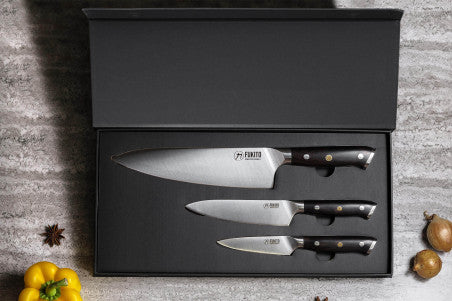 Coffret 3 couteaux de cuisine japonais (chef 21 cm, office 9 cm, universel 15 cm) manche Ébène