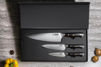 Coffret 3 couteaux de cuisine japonais (chef 21 cm, office 9 cm, universel 15 cm) manche Ébène