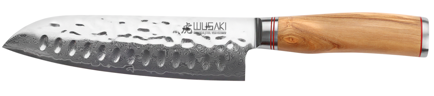 Couteau japonais Santoku lame alvéolée Damas 10Cr 18 cm manche en olivier