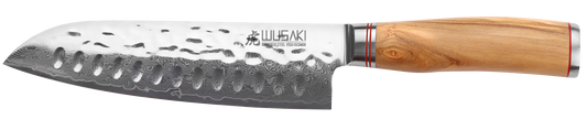 Couteau japonais Santoku lame alvéolée Damas 10Cr 18 cm manche en olivier