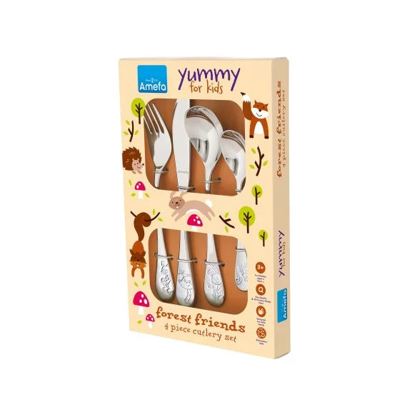 Coffret 4 couverts en inox brillant pour enfants - Thème Forest