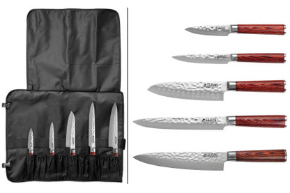 Mallette 5 couteaux de cuisine japonais professionnels (chef 20cm, santoku 17cm, découper 20cm, universel 12cm, office 9cm)