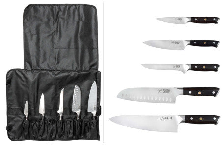 Mallette 5 couteaux de cuisine professionnels (office 9cm, universel 15cm, désosseur 15cm, santoku alvéolé 18cm, chef 21cm)