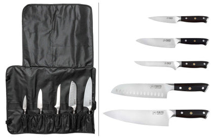 Mallette 5 couteaux de cuisine professionnels (office 9cm, universel 15cm, désosseur 15cm, santoku alvéolé 18cm, chef 21cm)